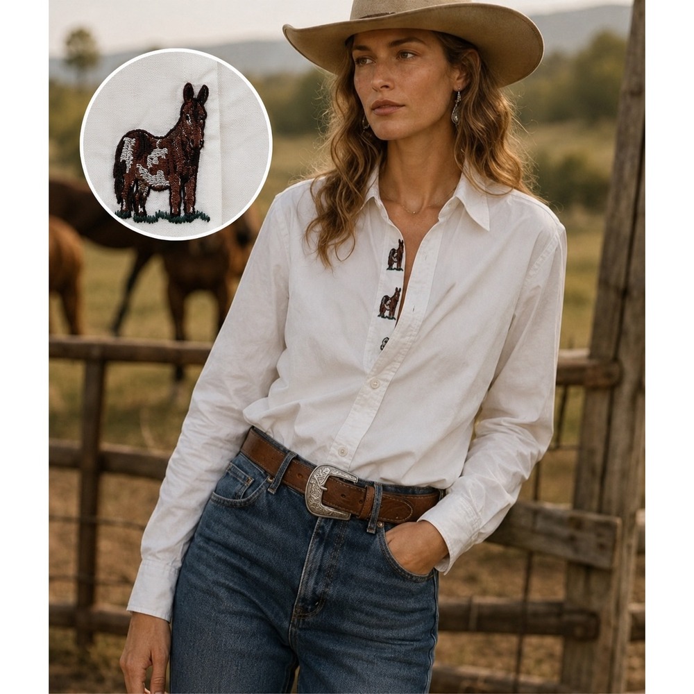Vintage Equestrian Horse Embroidered Cotton Western Shirt Women Medium